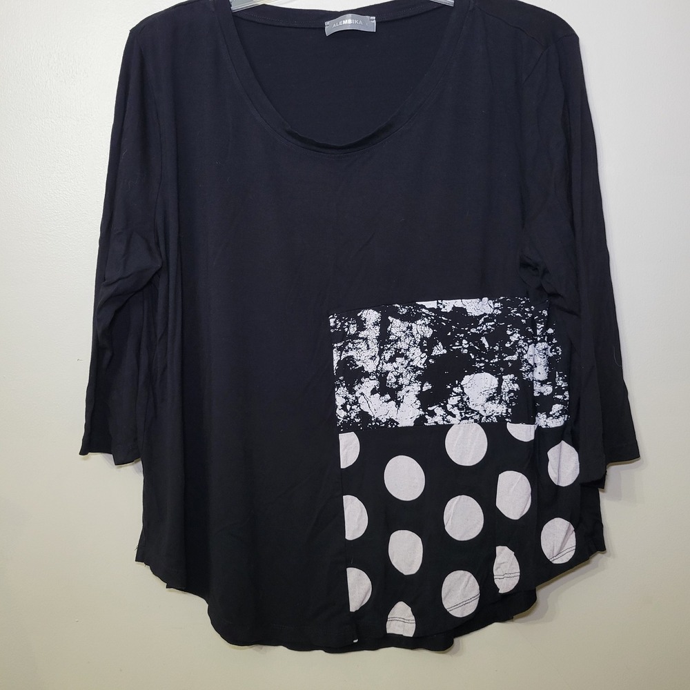 Alembika Black Mixed Media Polka Dot Lagenlook Tunic Top Sz 4 Scoop Neck 3/4 Slv